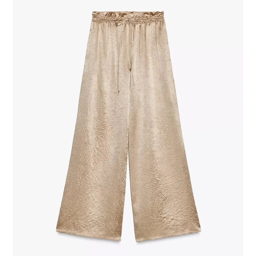 Zara NWT gold satin flowy wide me palazzo pants